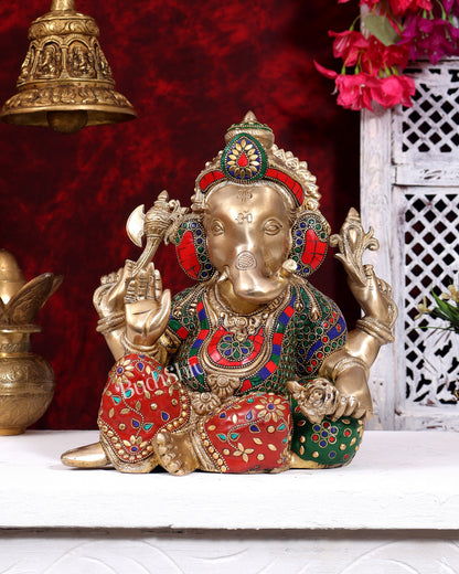 Brass Resting Ganesha Statue – Unique Relaxed Pose Divine Sculpture (11 Inch) with meenakari