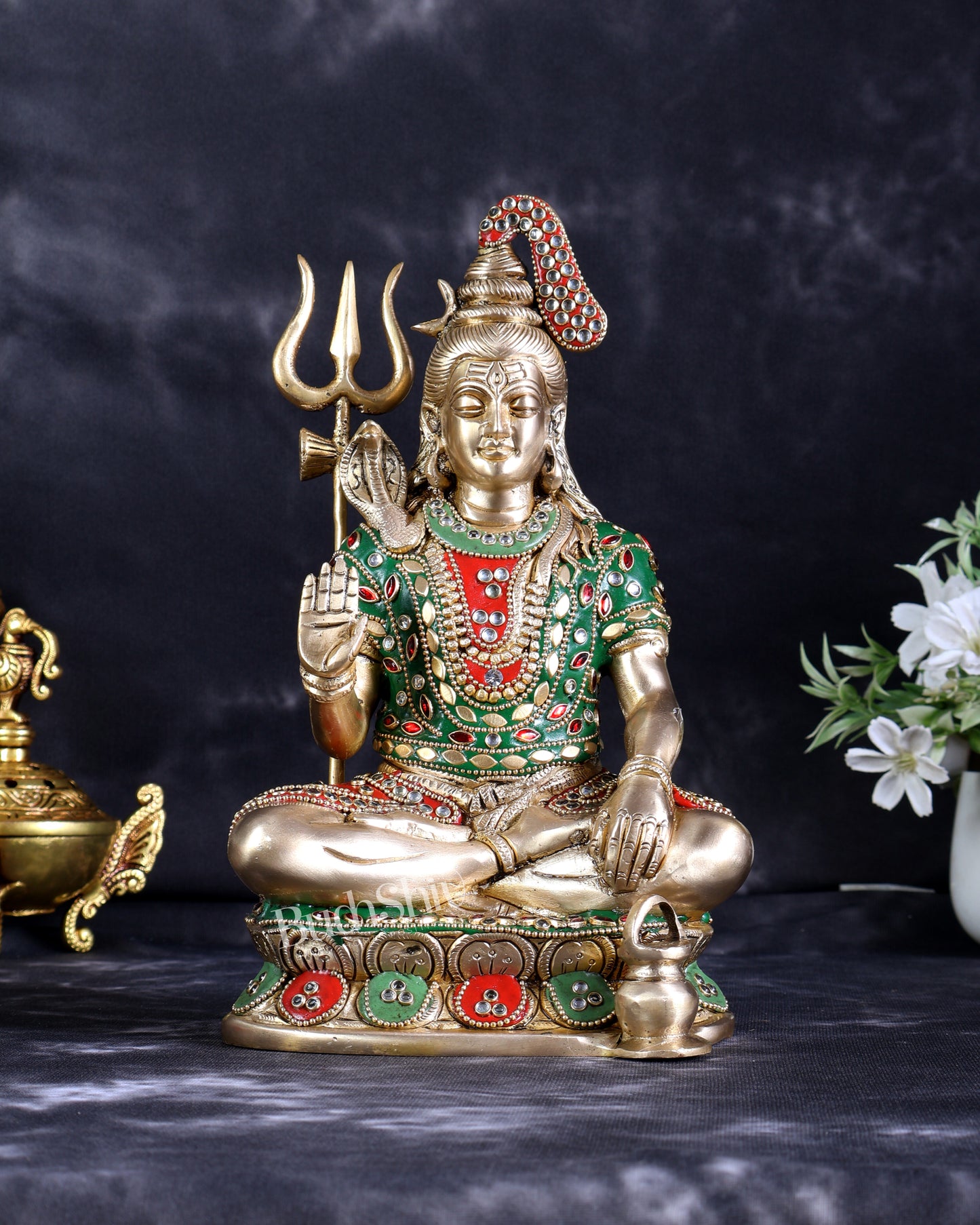 Brass Lord Shiva with Kamandal Statue – Blessing Mudra Divine Idol (10 Inch) with stonework
