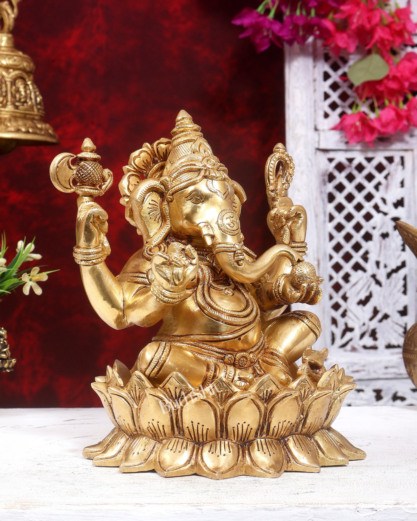 Brass Ganesha on Lotus Statue  9.5 inch