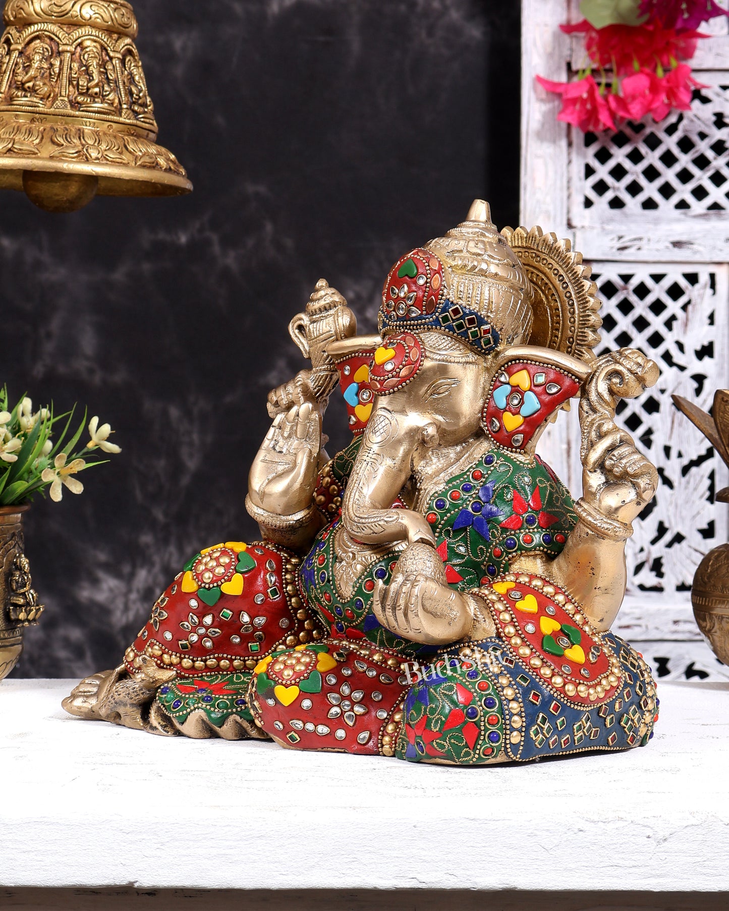 Brass Resting Ganesha Statue with meenakari Stonework 10 inch