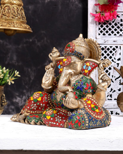 Brass Resting Ganesha Statue with meenakari Stonework 10 inch
