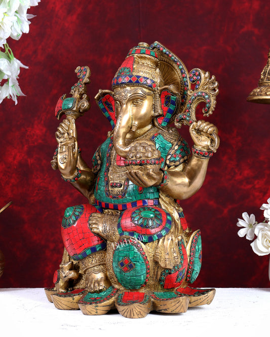 Unique brass Lord Ganesha on lotus large statue 16 inch with Stonework