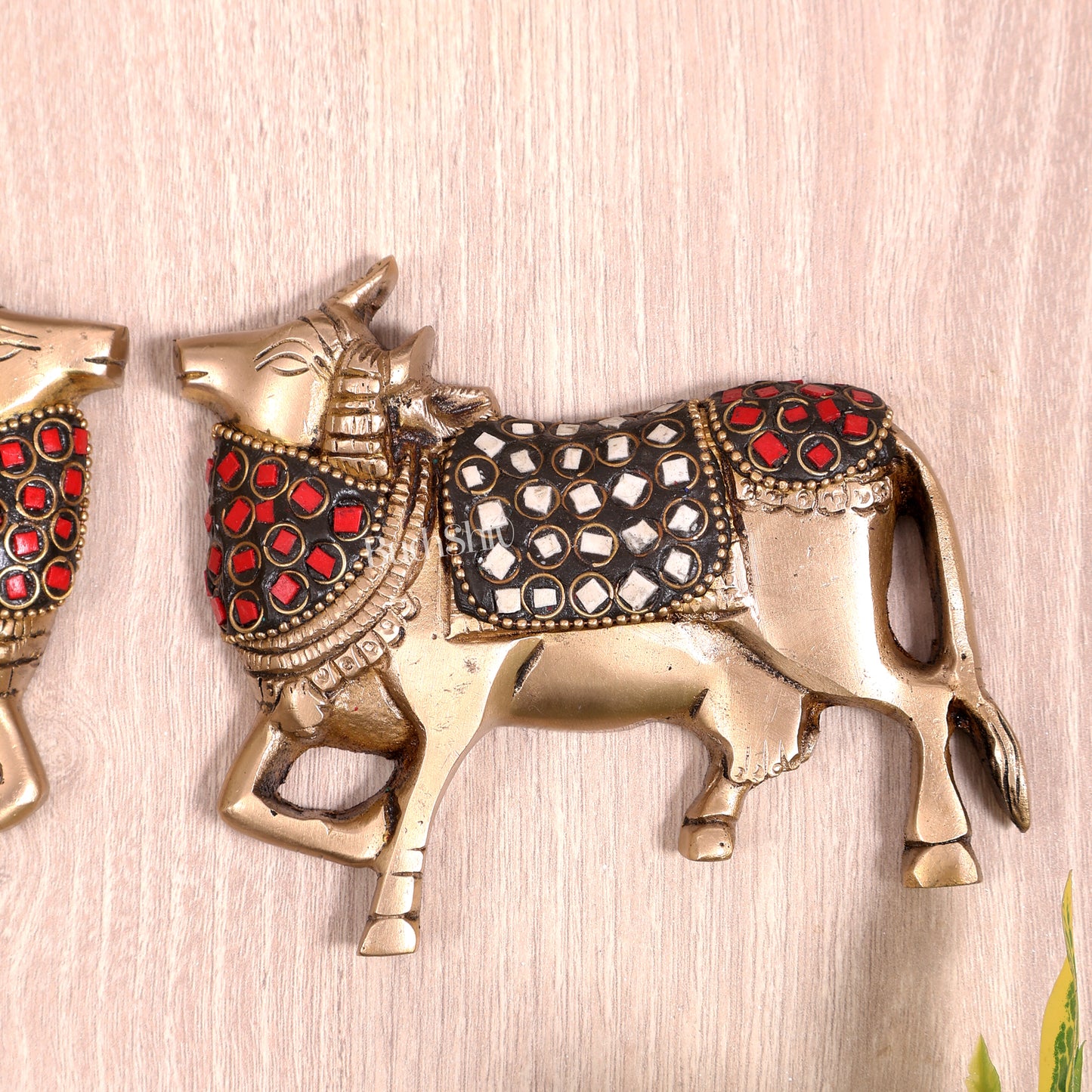 Handcrafted Pure Brass Kamdhenu Cow Wall Hanging for Pooja Room - 5" stonework