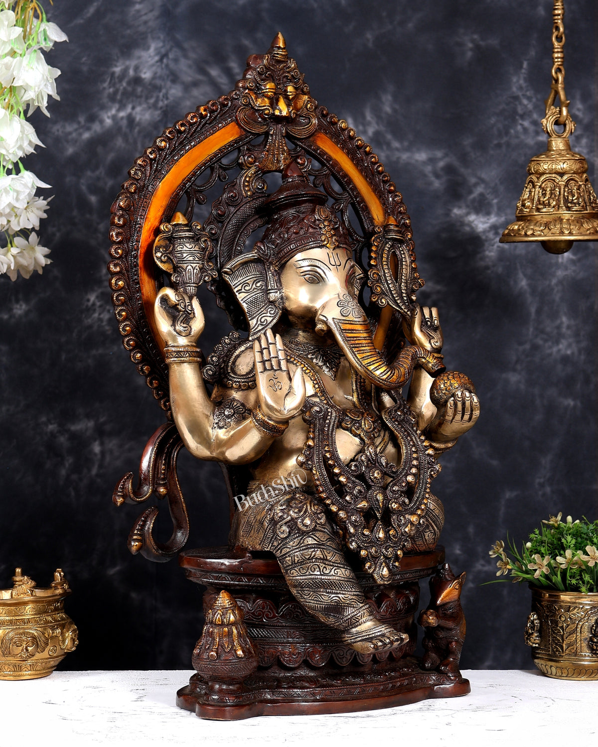 Pure Brass Ganesha large Idol 26 inch with Kirtimukha Prabhavali aureole three tone finish