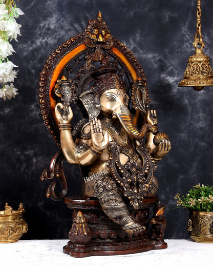Pure Brass Ganesha large Idol 26 inch with Kirtimukha Prabhavali aureole three tone finish