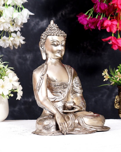 Brass Buddha Idol with Abhaya Mudra - 10 Inch silver plated
