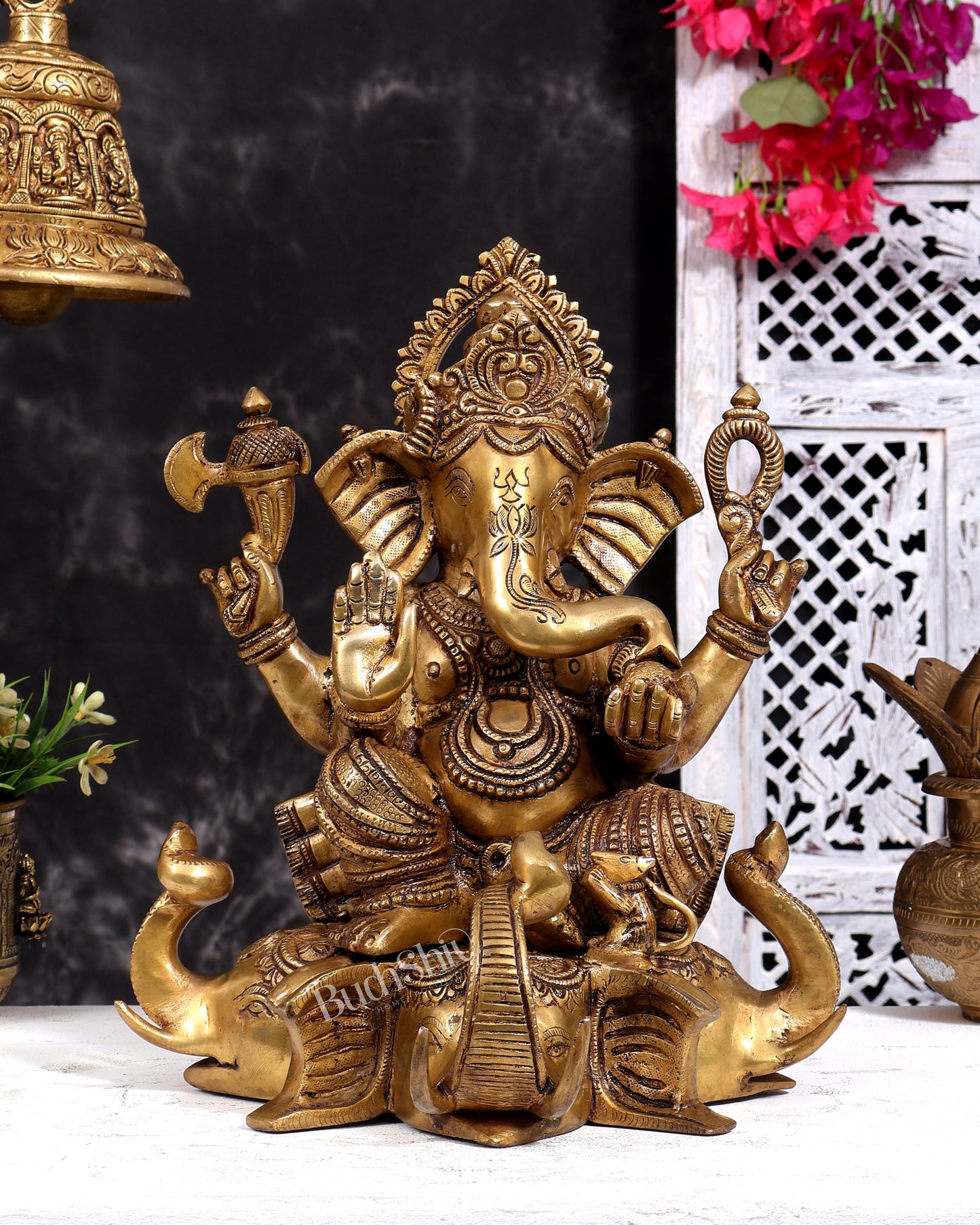 Brass Lord Ganesha on Elephant Heads Aasan – 12.5 inch