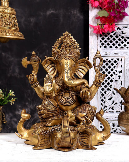 Brass Lord Ganesha on Elephant Heads Aasan – 12.5 inch