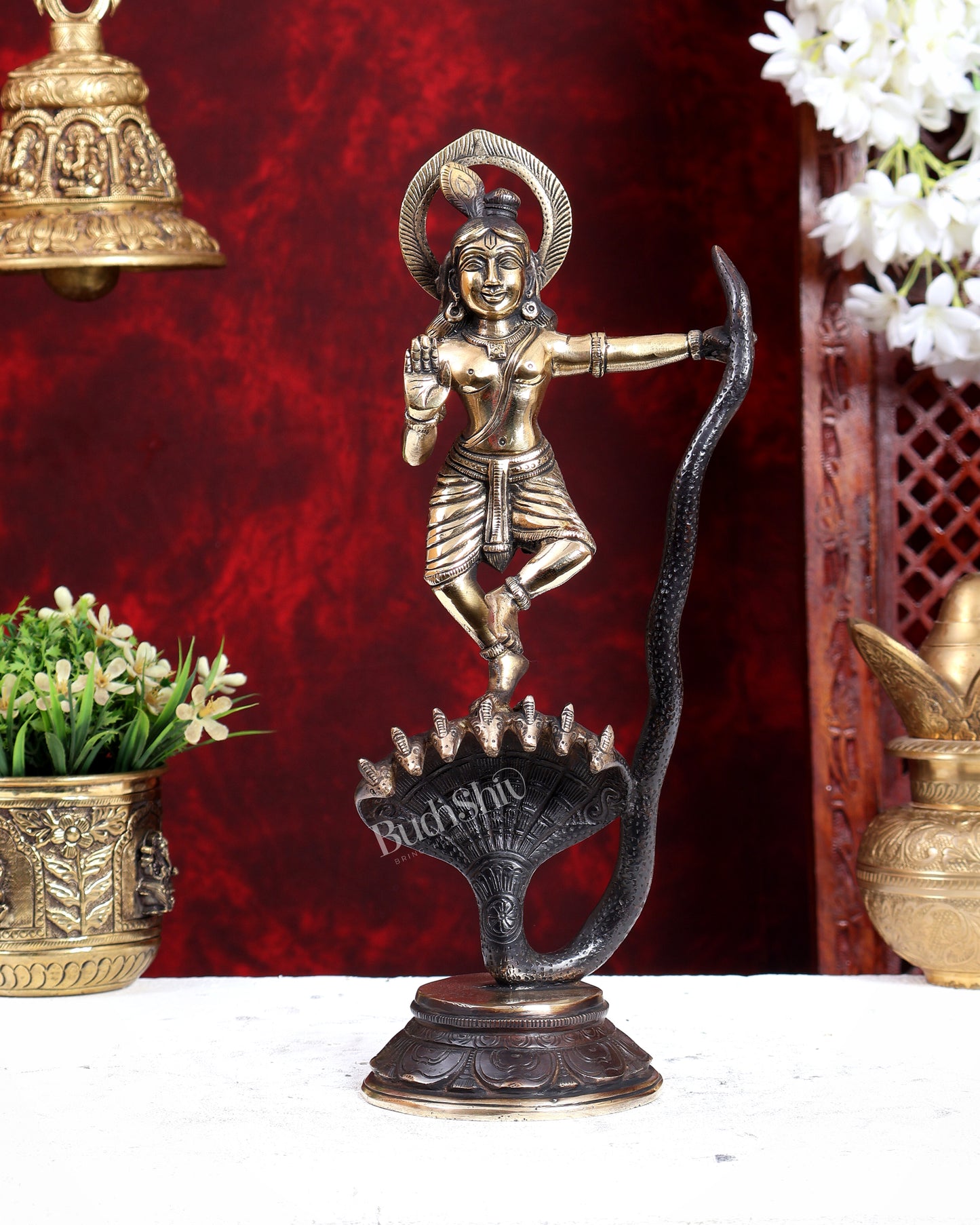 Krishna Dancing on Kaliya Naag Brass Idol 13" brown gold