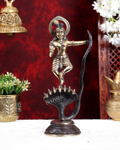 Krishna Dancing on Kaliya Naag Brass Idol 13" brown gold