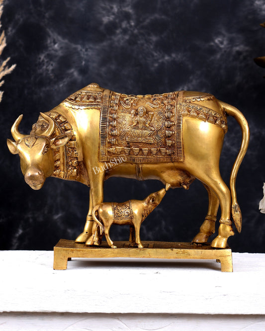 Brass Large Kamadhenu Cow with Calf — Ganesh Lakshmi Carvings 11 inch