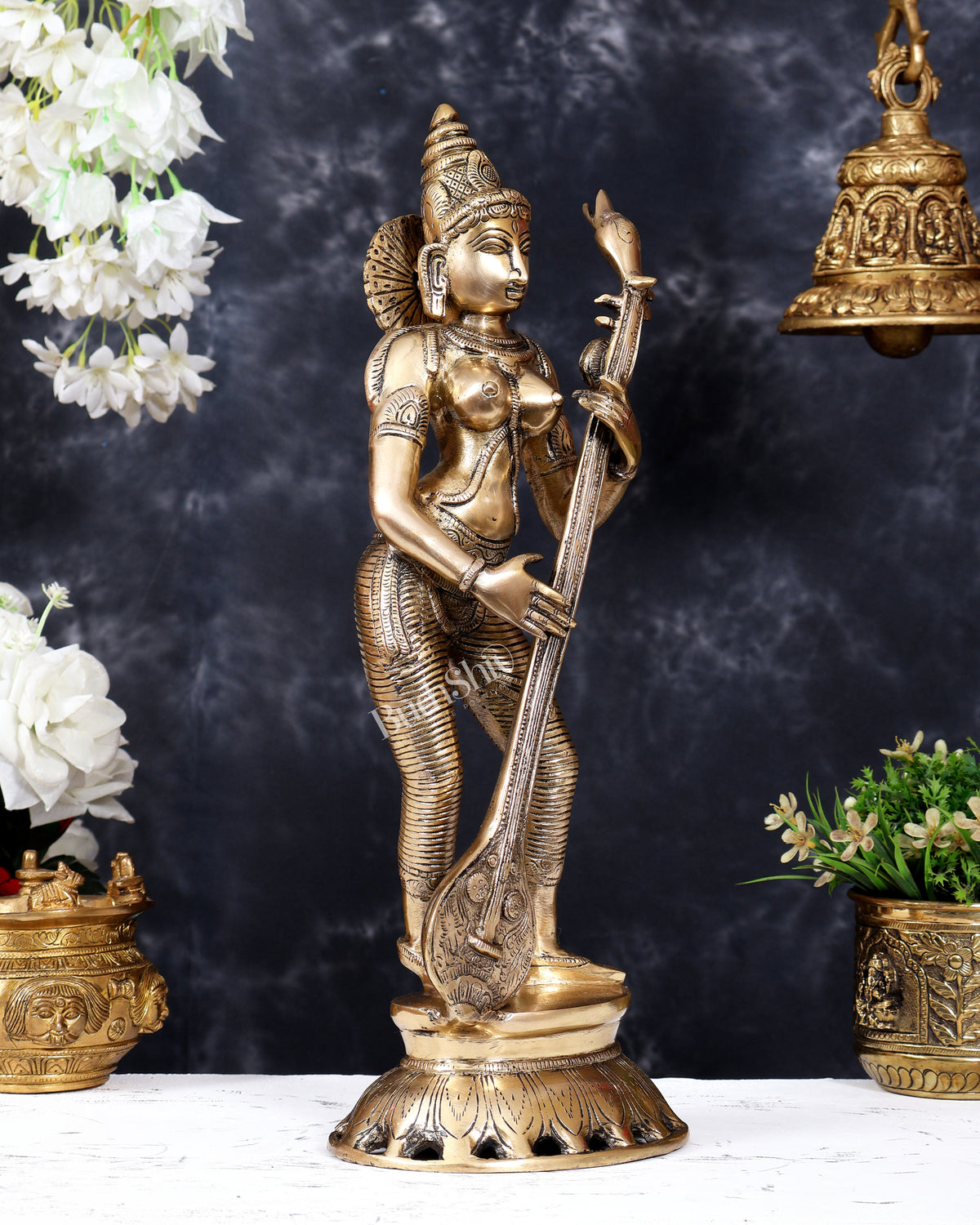 Brass Superfine Standing Goddess Saraswati Idol – 18" Height vintage depiction