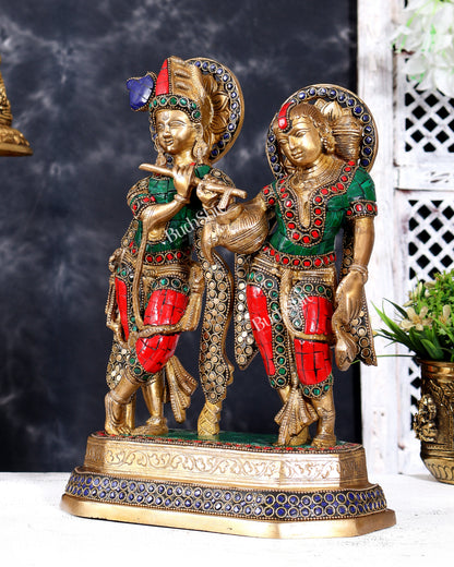 Brass Unique Radha Krishna Statue with Meenakari Stonework 12 inch