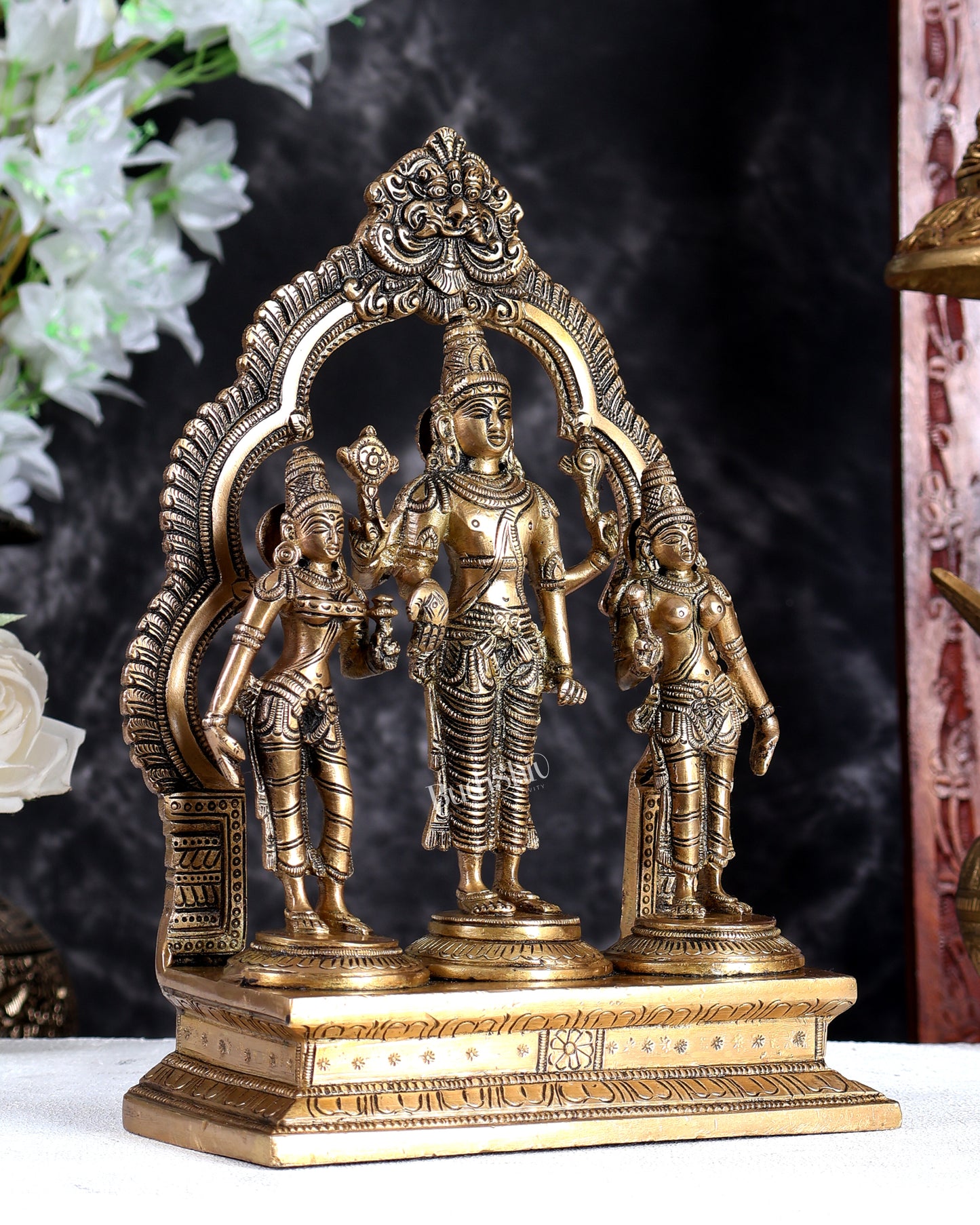 Brass Lord Vishnu with Bhudevi & Sridevi Idol with Ornate Frame – Handcrafted Divine Sculpture 10 inch