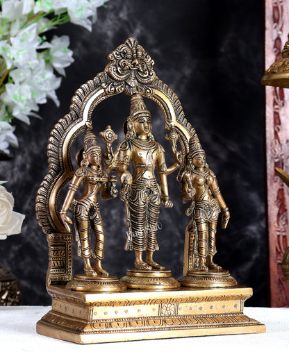 Brass Lord Vishnu with Bhudevi & Sridevi Idol with Ornate Frame – Handcrafted Divine Sculpture 10 inch