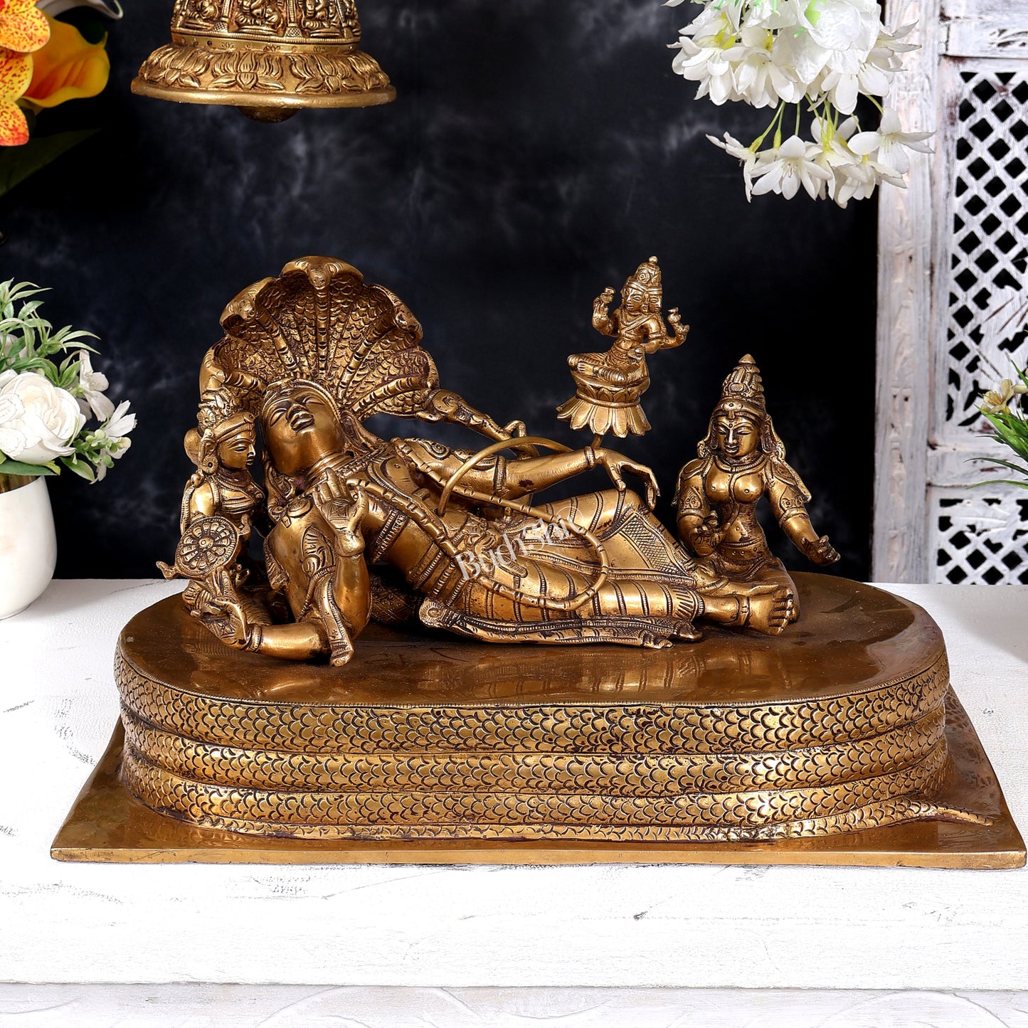 Brass Ananta Shayana Vishnu on Sheshanaag with Bhudevi, Sridevi & Brahma 15.5 inch wide
