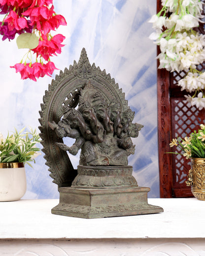 Bronze Panchmukhi Ganesha with Prabhavali | Antique Patina | 12.2 inch