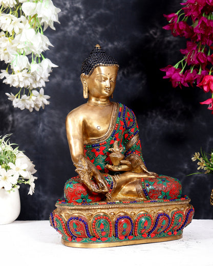 Pure Brass Buddha medicine Floral Stonework Statue - 13.5 inch