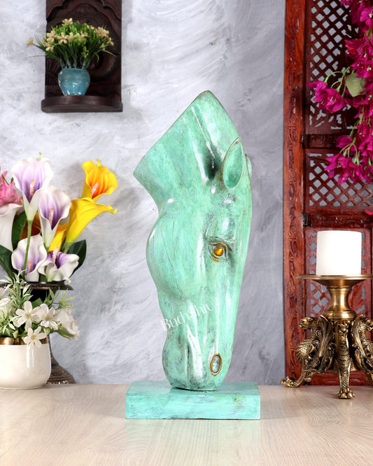 Verdigris Patina Horse Face Décor Artefact – Handcrafted Artistic Statement Sculpture 17.5 inch