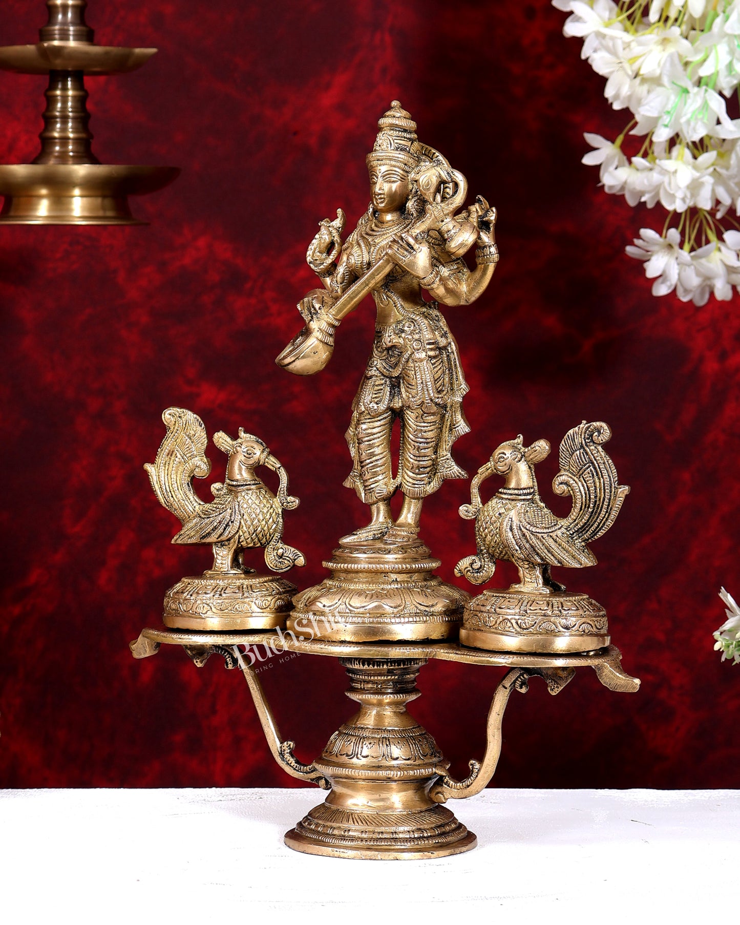 Brass Saraswati with Two Swans — Unique Statue 14.5 inch