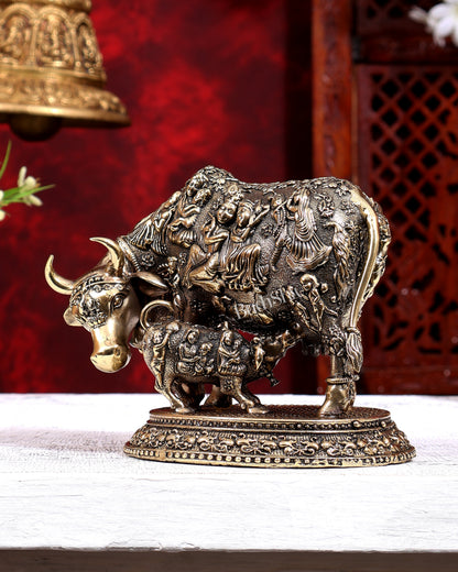 Brass Superfine Kamdhenu Cow with Calf | Radha Krishna Gopis & Kadamba Tree Engraved | Pure Brass Idol 6 inch