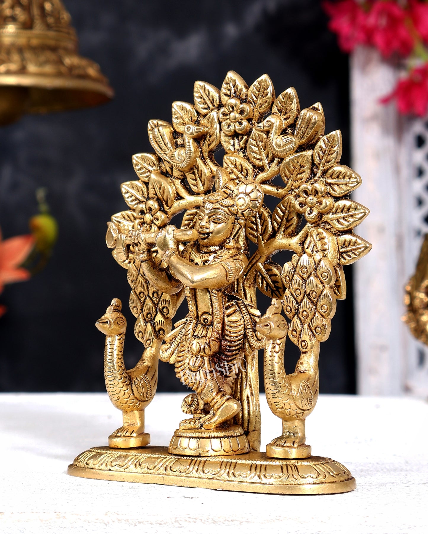 Brass Lord Krishna with Kalpavriksha and Two Peacocks Idol 5 inch