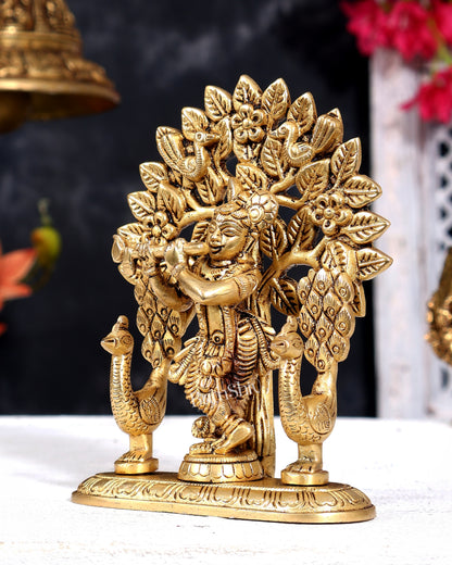 Brass Lord Krishna with Kalpavriksha and Two Peacocks Idol 5 inch