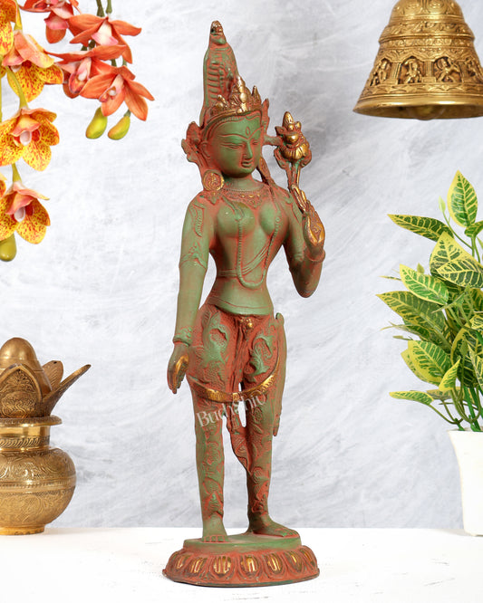 Vintage Brass Standing Green Tara Statue – Antique Patina with Red Sand Finish (16.2 Inches)