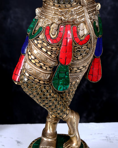 Brass Krishna Statue with Rings and Stonework 23 inch