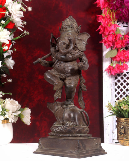 Bronze Dancing Ganesha Playing Flute Statue | Lost Wax Casting | 16.5 inch