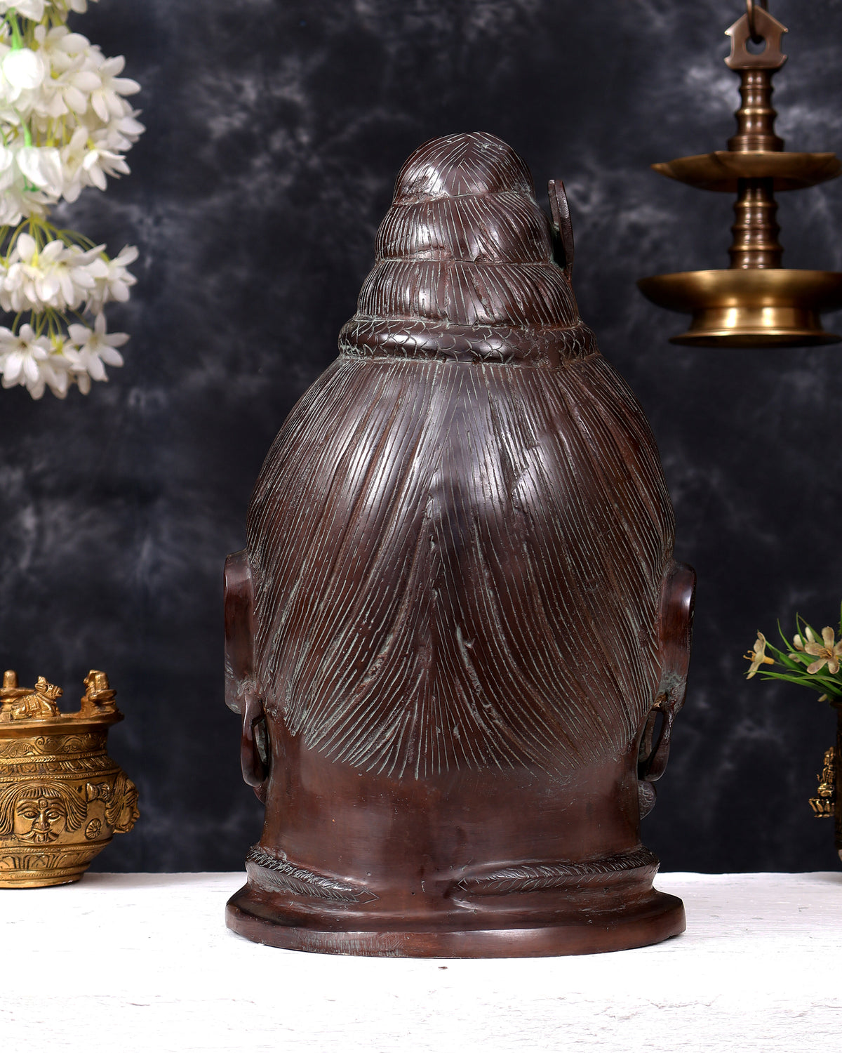 Brass Large Mahakaal Shiva Face Mukhalingam — Vintage Copper Patina 14.5 inch