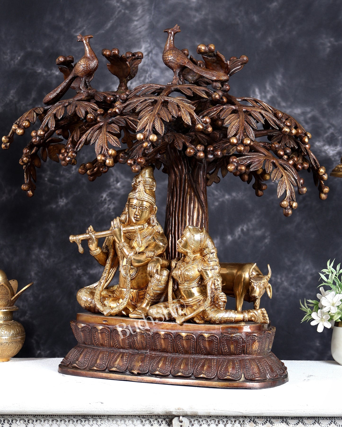 Brass Radha Krishna with Cow and Tree - 24 inch