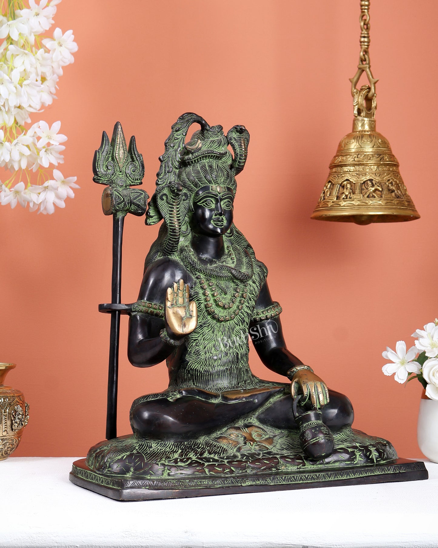 Pure Brass Lord Shiva Smiling Idol with Open Eyes 15" black green