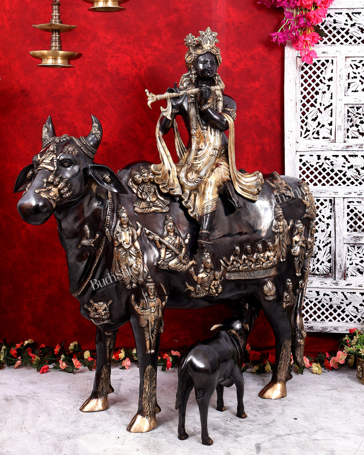 Brass Large Krishna Sitting on Cow Statue — Black and Gold Finish 43 inch tall