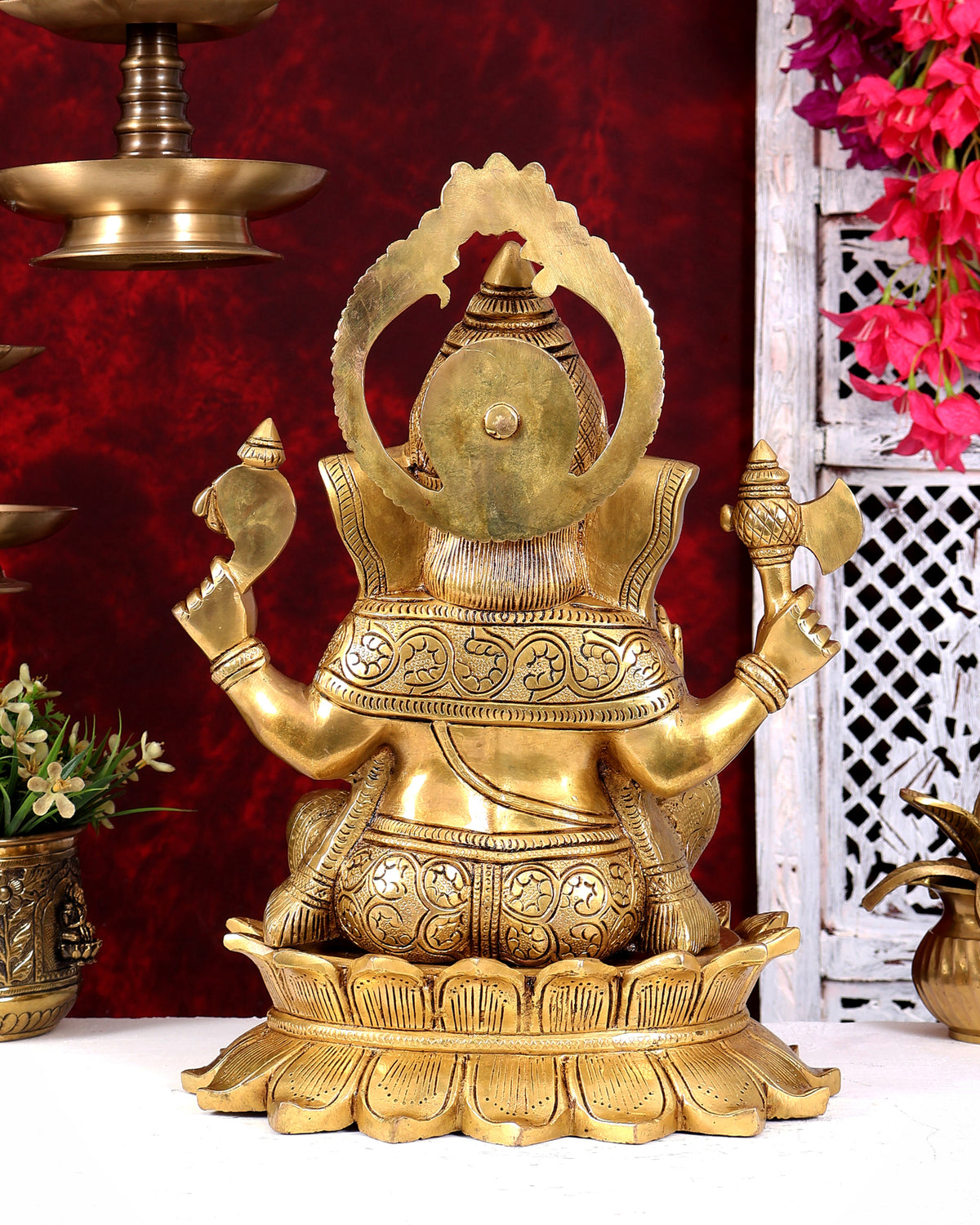 Heavy Brass Lord Ganesha on Lotus Statue — Sharp Features 15 inch