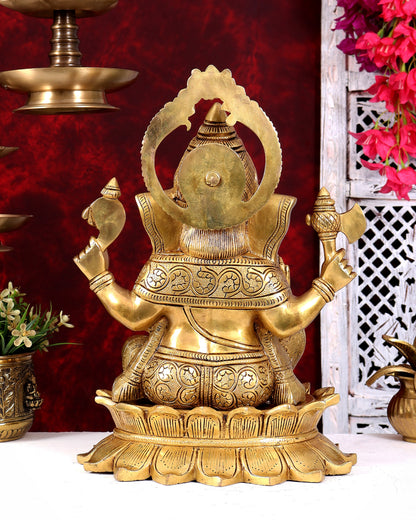 Heavy Brass Lord Ganesha on Lotus Statue — Sharp Features 15 inch