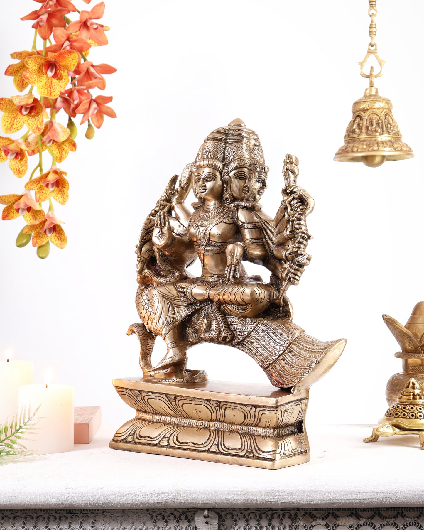 Pure Brass Large Aarumugam Murugan Sitting on a Peacock – Kartikeya Swamy Idol 16"