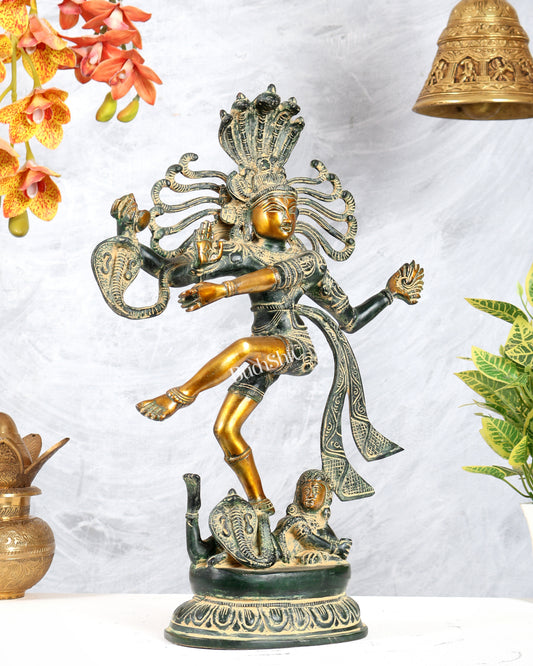 Brass Dancing Shiva Nataraja Statue Without Fire Ring – Vintage Henna Green Sand Finish (17.5 Inches)