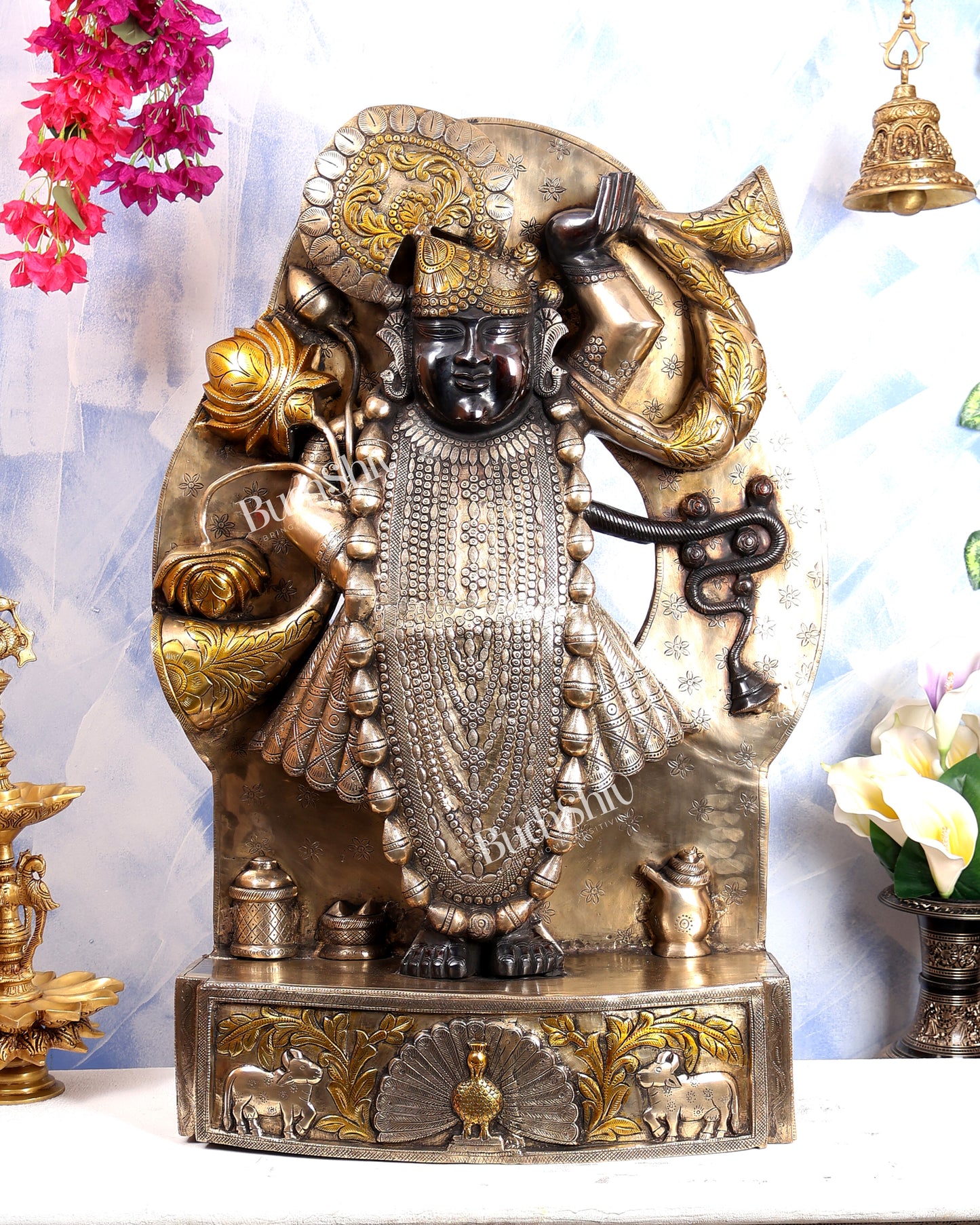 Brass Large Shrinath Ji Statue – Permanent Black & Golden Finish with Pichwai Style Base 36 inch