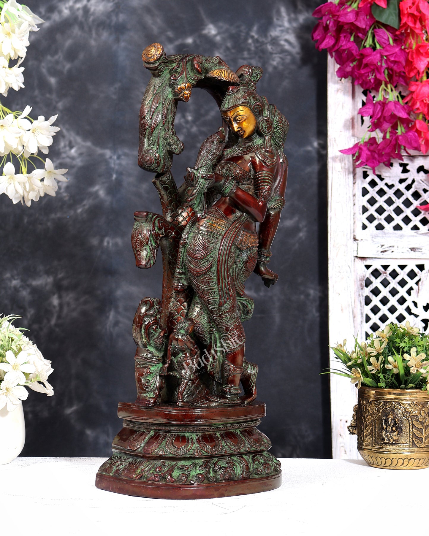Vintage Brass Apsara Holding Parrot with Attendant statue 18 inch