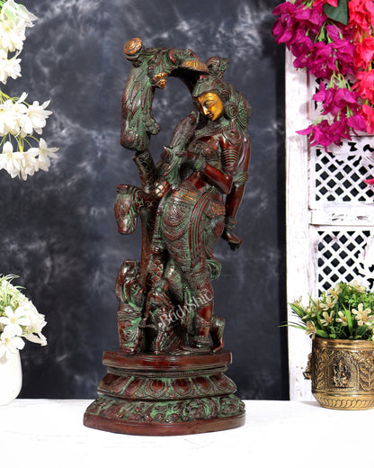 Vintage Brass Apsara Holding Parrot with Attendant statue 18 inch