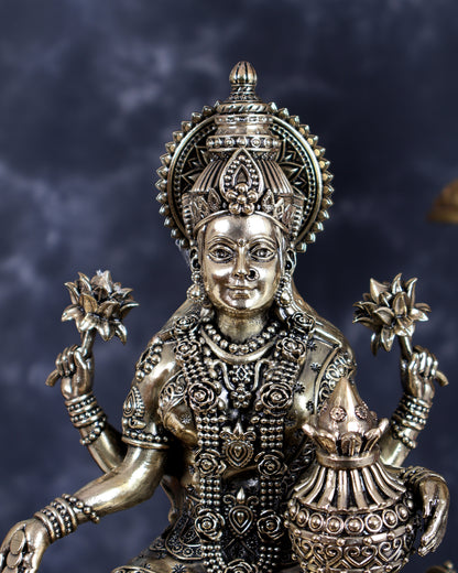 Brass Superfine Mahalakshmi with Ashtalakshmi Idols on Teak Wood Base with Hanging Bells – Divine Prosperity Ensemble (15 Inches)