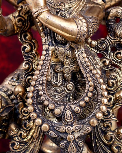 Dual Tone Brass Krishna with Cow Under Large Tree | 22 Inch Statue