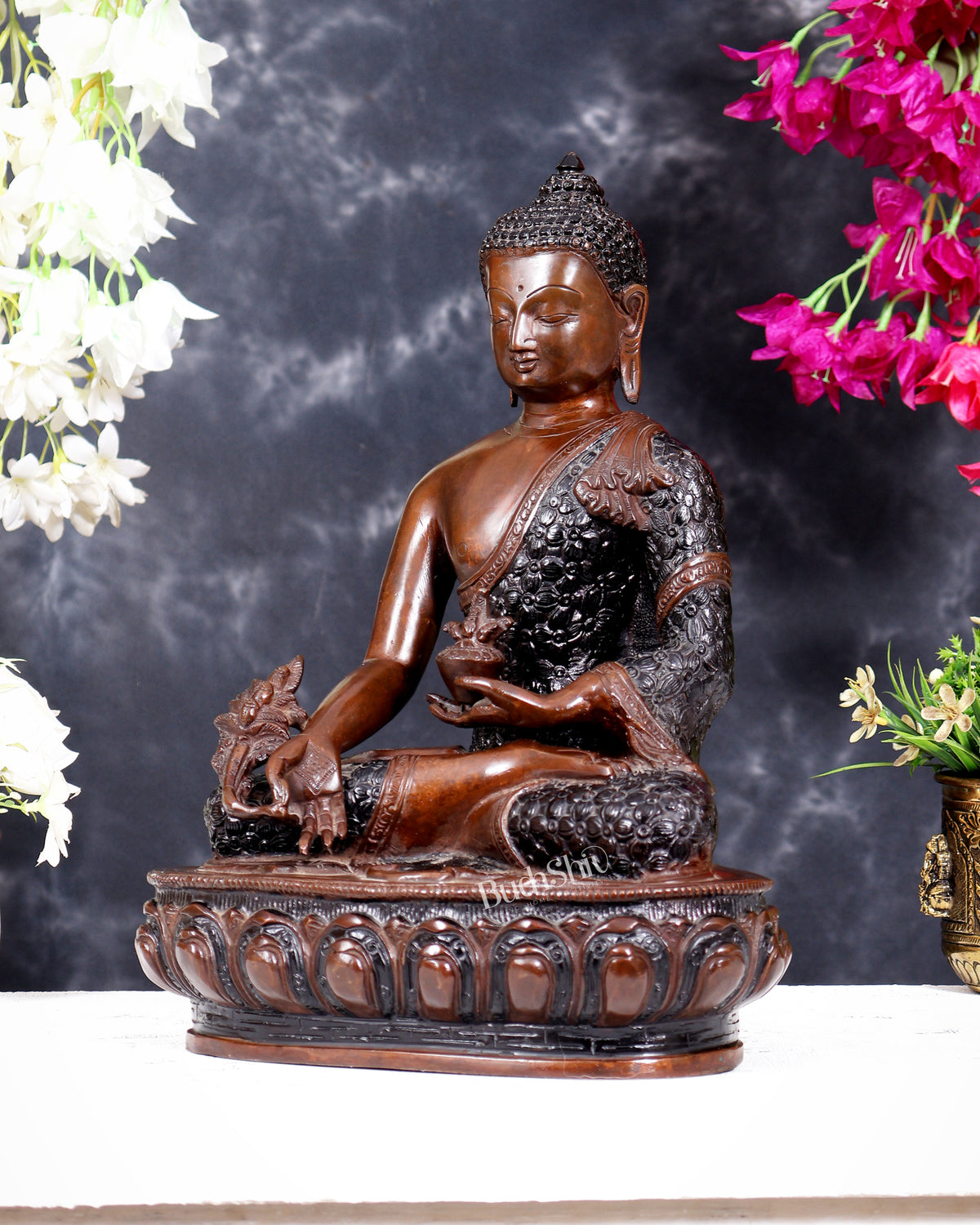 Pure Brass Buddha Statue - 13.5" Height liquid copper Nepalese tone