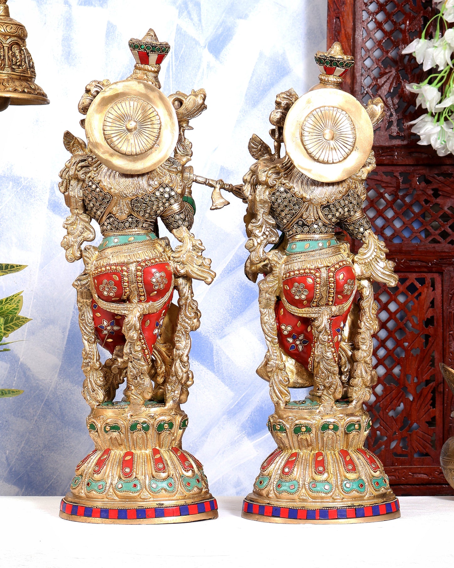 Brass Radha Krishna idols pair stonework  - 21 inch