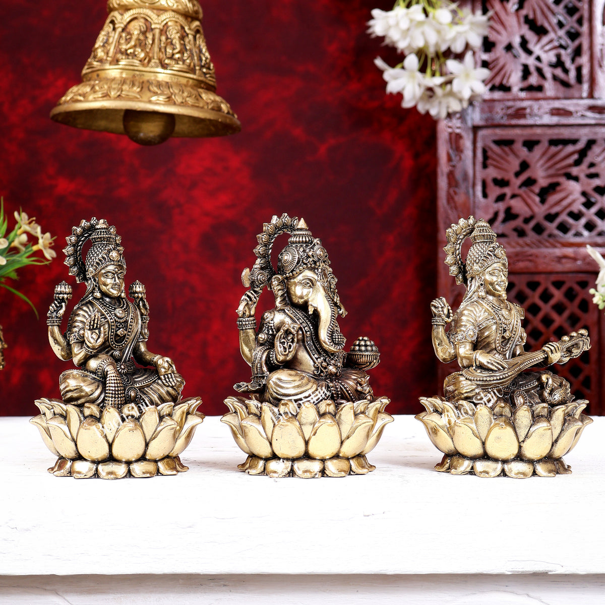 Brass Superfine Ganesh Lakshmi Saraswati Idols Cross-Legged on Lotus Base 5 inch
