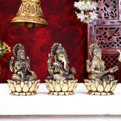 Brass Superfine Ganesh Lakshmi Saraswati Idols Cross-Legged on Lotus Base 5 inch