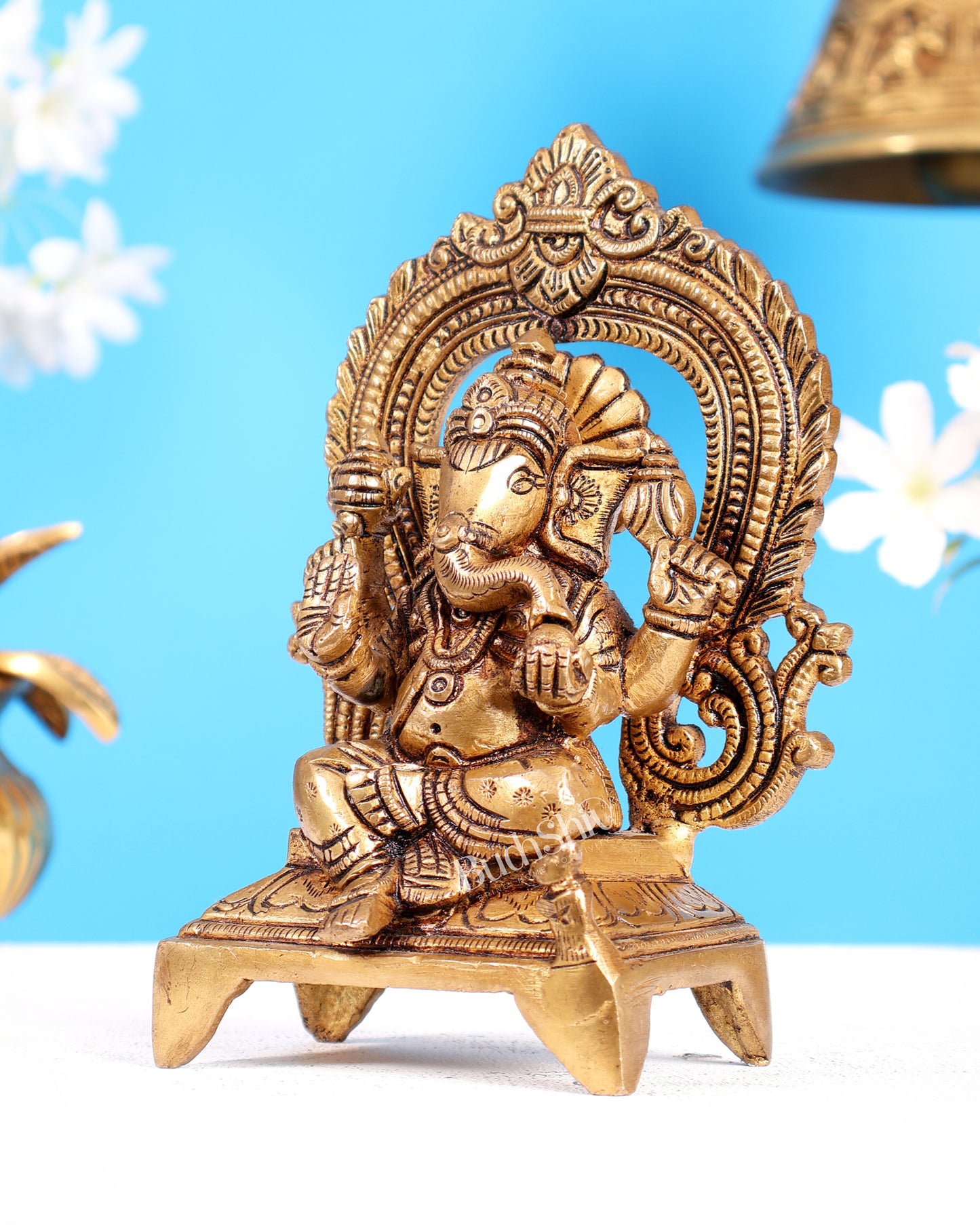 Brass Ganesha on Throne Statue – Highly Carved Divine Idol (6.5 Inches)