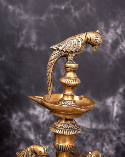 Brass Multi-Layer Parrot Lamp — 108 Diyas, 22 Parrots (Antique Tone) 38 inch