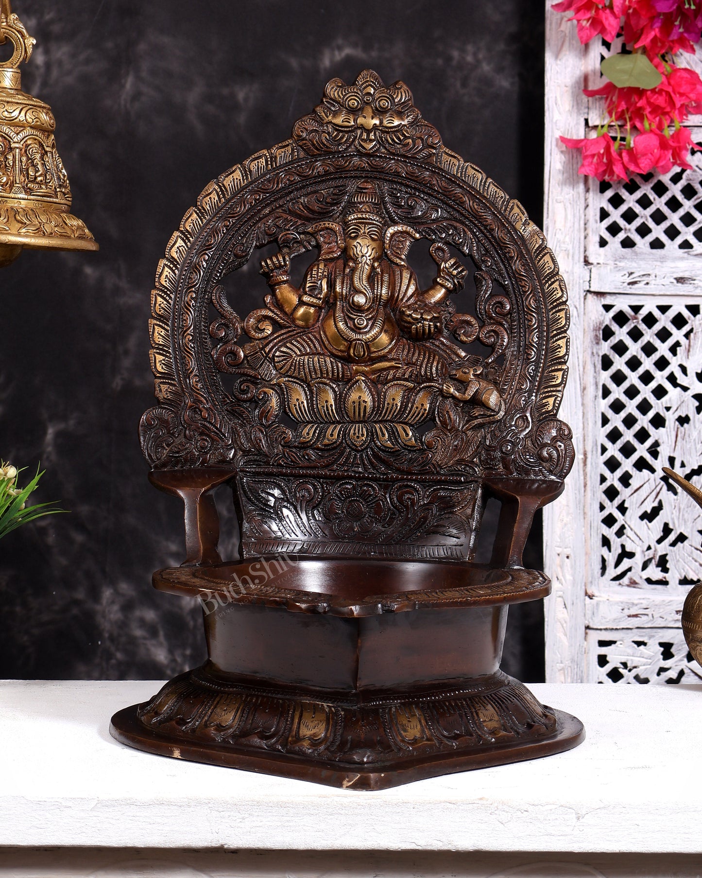 Brass Ganesha Oil lamp diya dual tone 16 inch